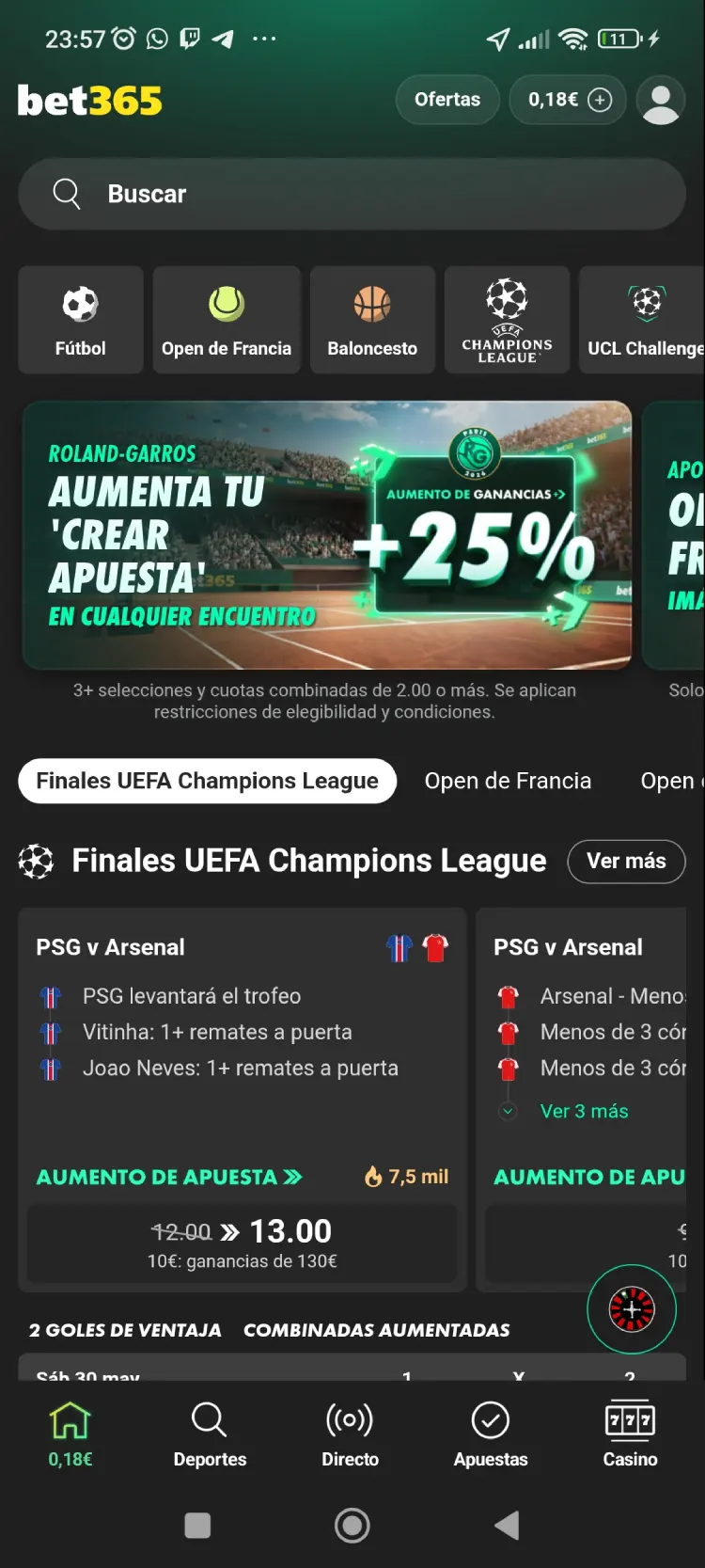 Pantalla principal de la app de Bet365 para iOS y Android mostrando los deportes disponibles para apostar
