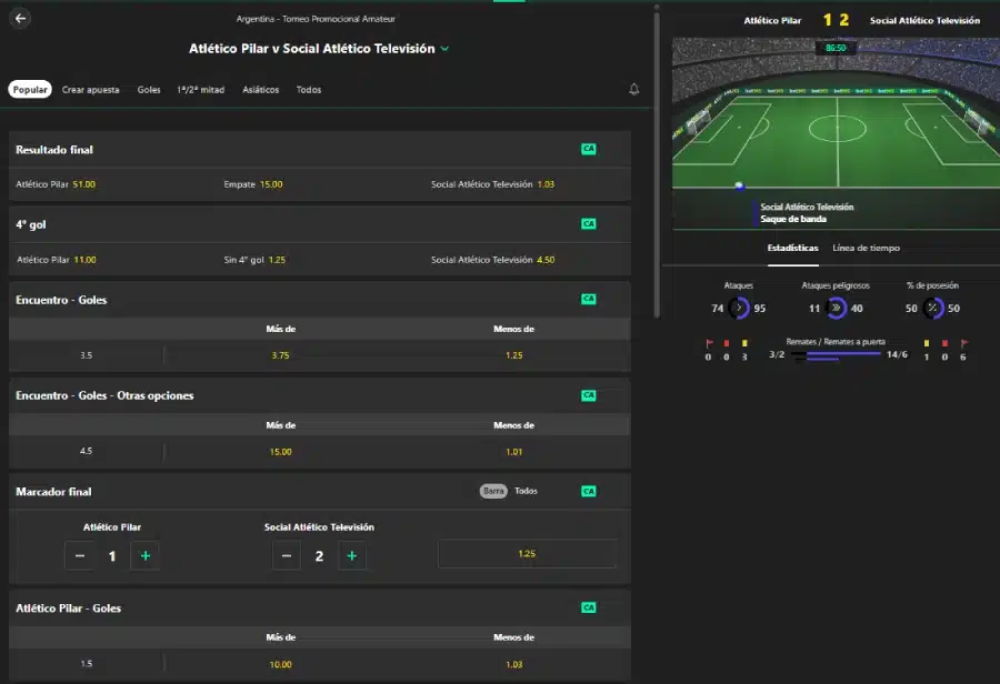 Pantalla de apuestas en directo de Bet365 con visualización virtual del partido y estadísticas en tiempo real