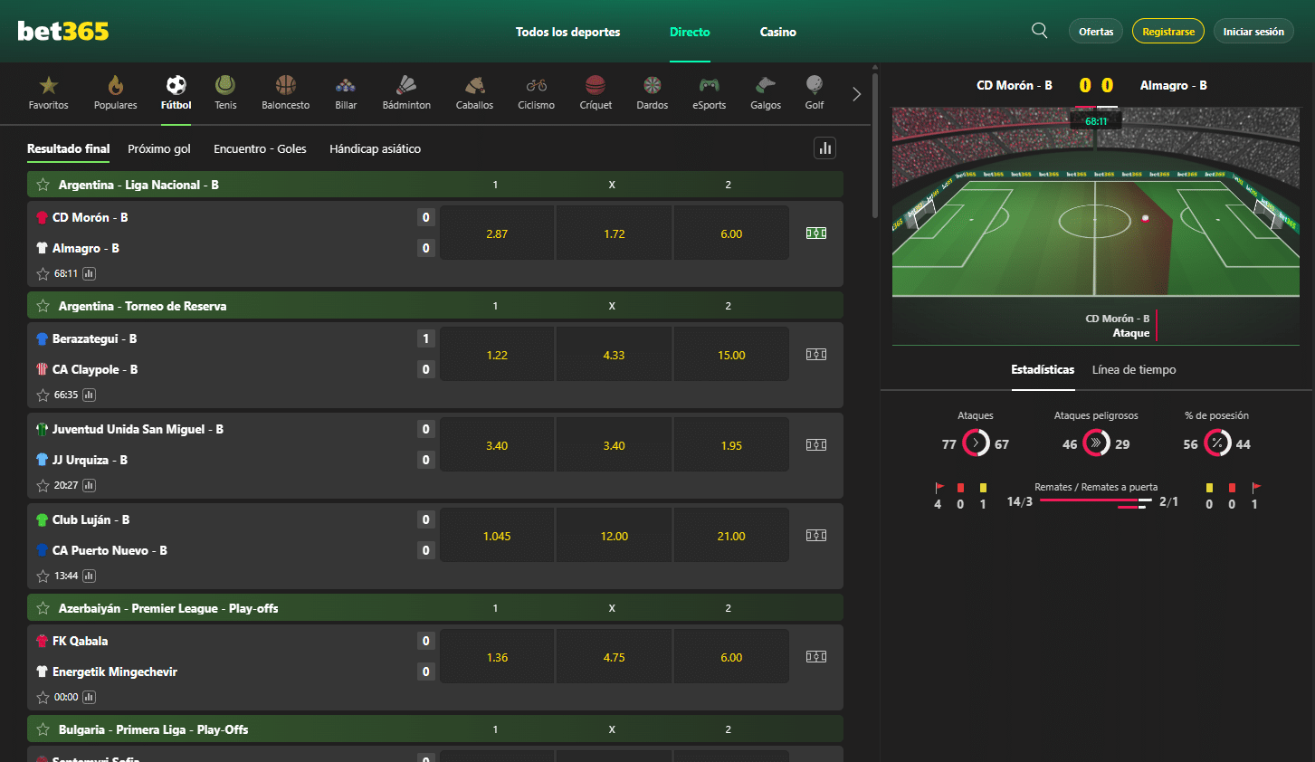 Pantalla de apuestas en directo de Bet365 con visualización virtual del partido y estadísticas en tiempo real