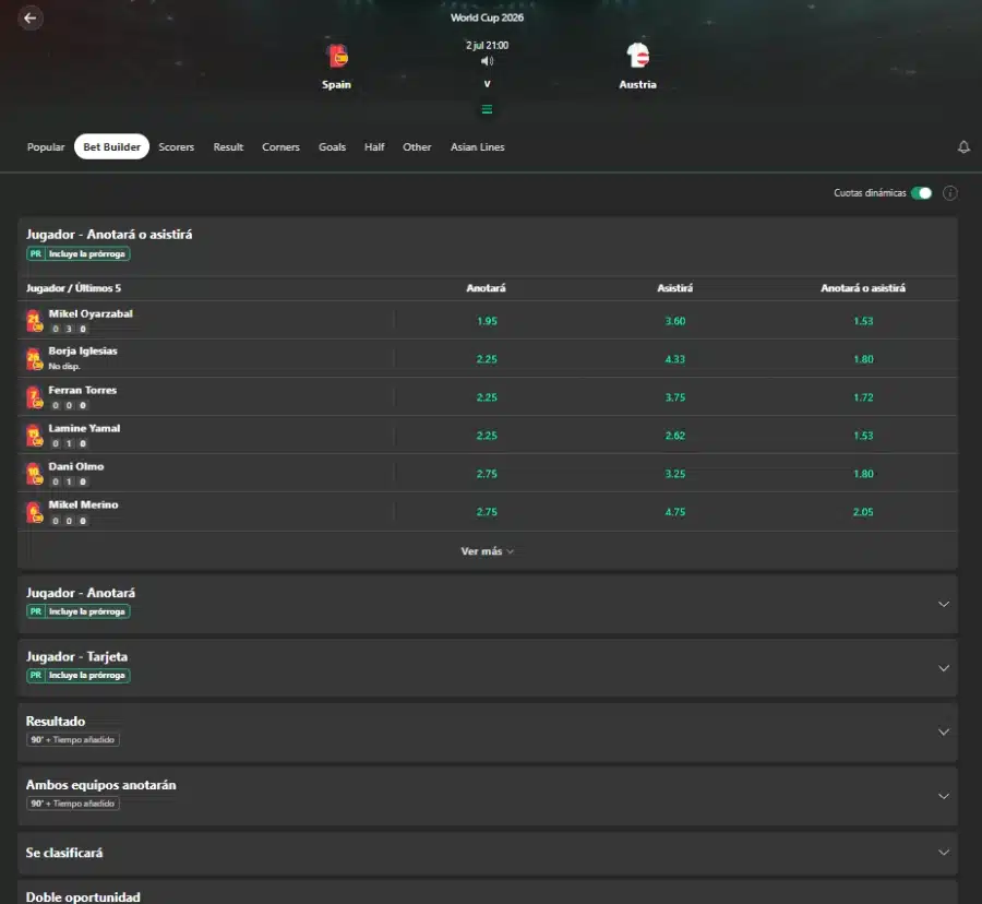 Función Crear apuesta (Bet Builder) de Bet365 con cuotas dinámicas para un partido del Mundial 2026