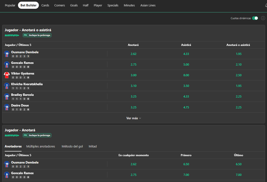 Función Crear apuesta (Bet Builder) de Bet365 con cuotas dinámicas para la final