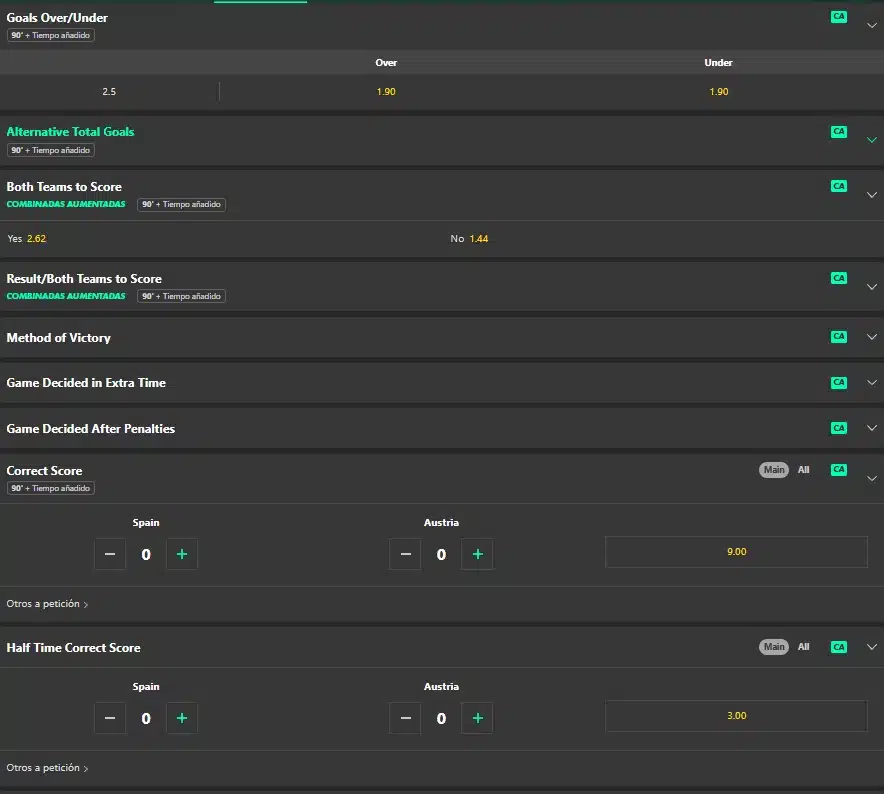 Mercados de goles Más/Menos, Ambos equipos marcan y Resultado correcto del Mundial 2026 en Bet365