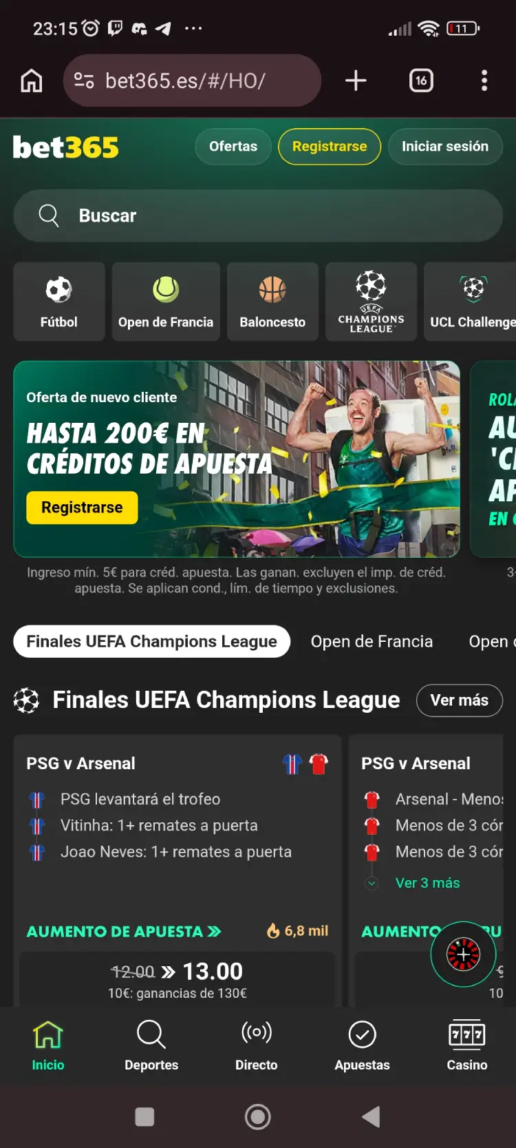 Página principal de Bet365.es con el botón Regístrate destacado en la cabecera