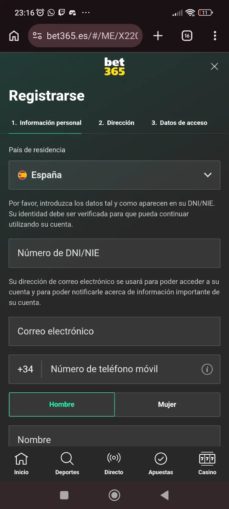 Formulario de datos personales en el registro de Bet365: nombre, apellidos, fecha de nacimiento, DNI y dirección