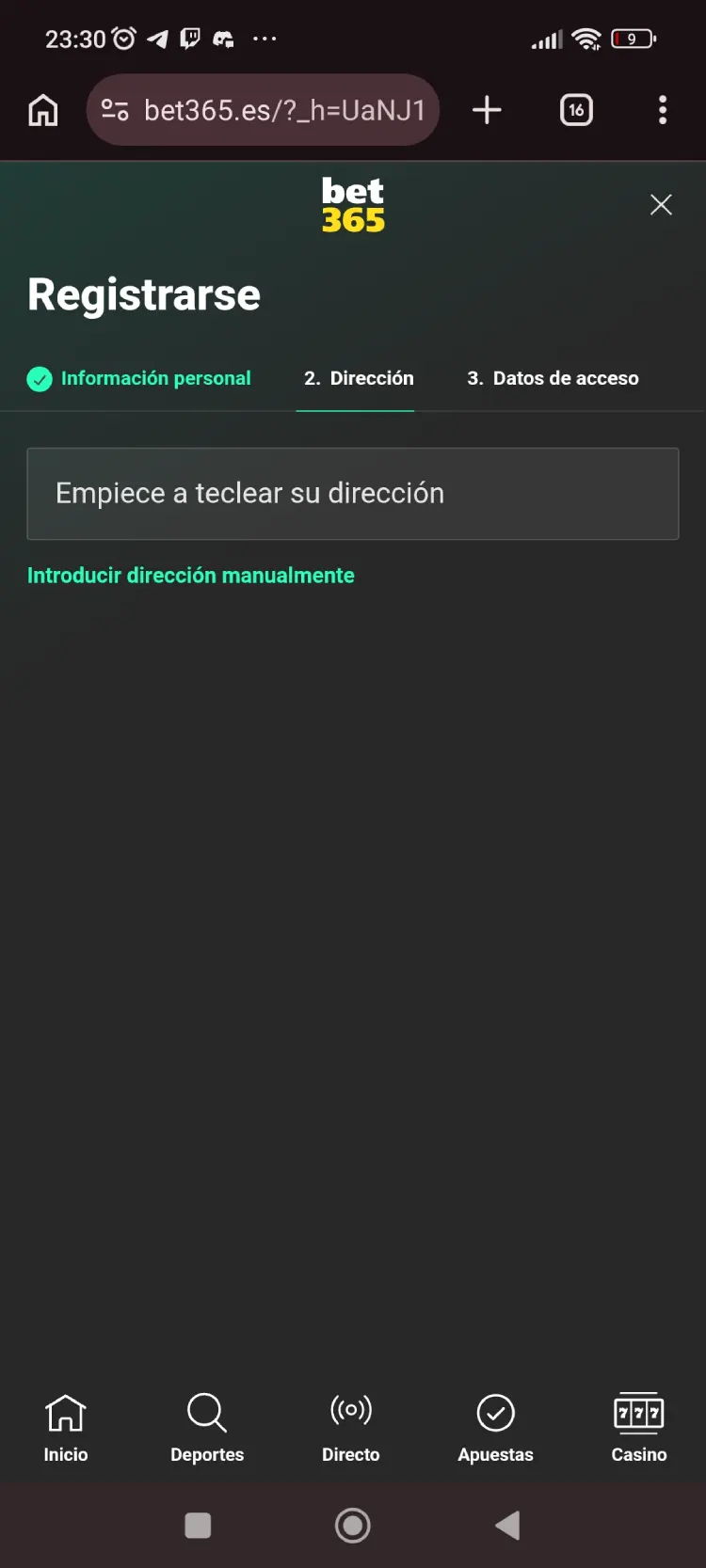 Formulario de datos de contacto en el registro de Bet365: email y teléfono móvil para verificación por SMS