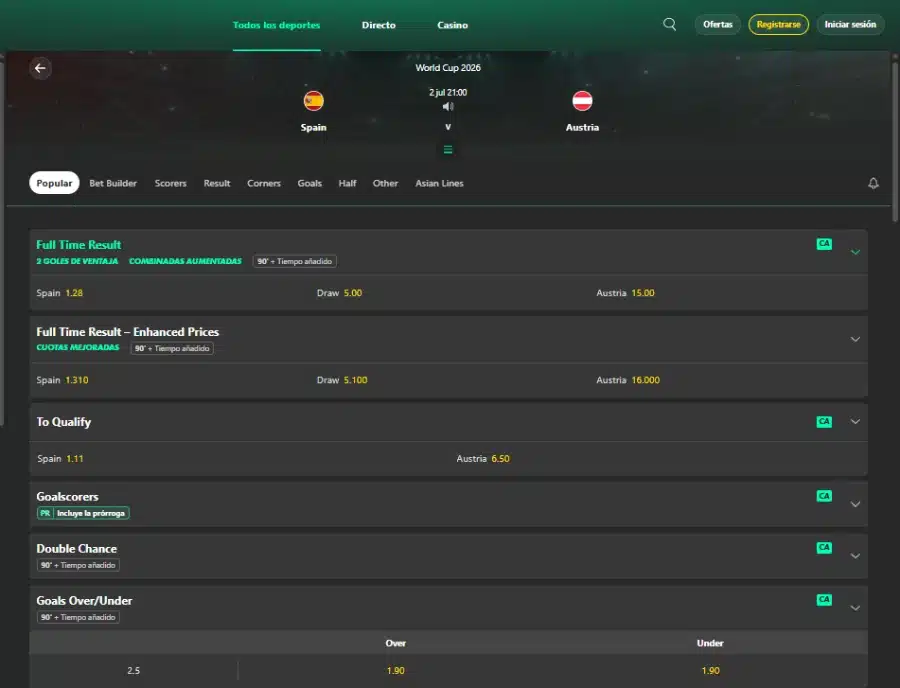Mercado Resultado Final 1X2 de un partido del Mundial 2026 en Bet365