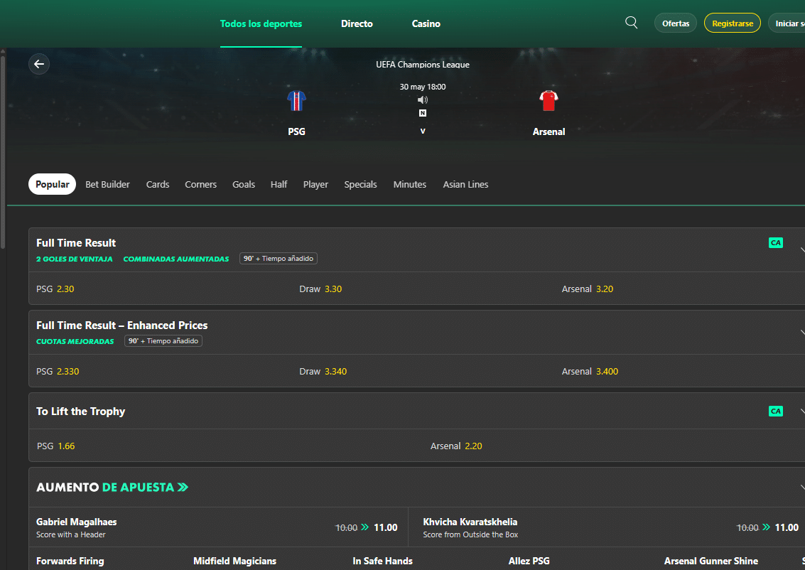 Mercado Resultado Final 1X2 y Levantar el trofeo de la final PSG vs Arsenal en Bet365