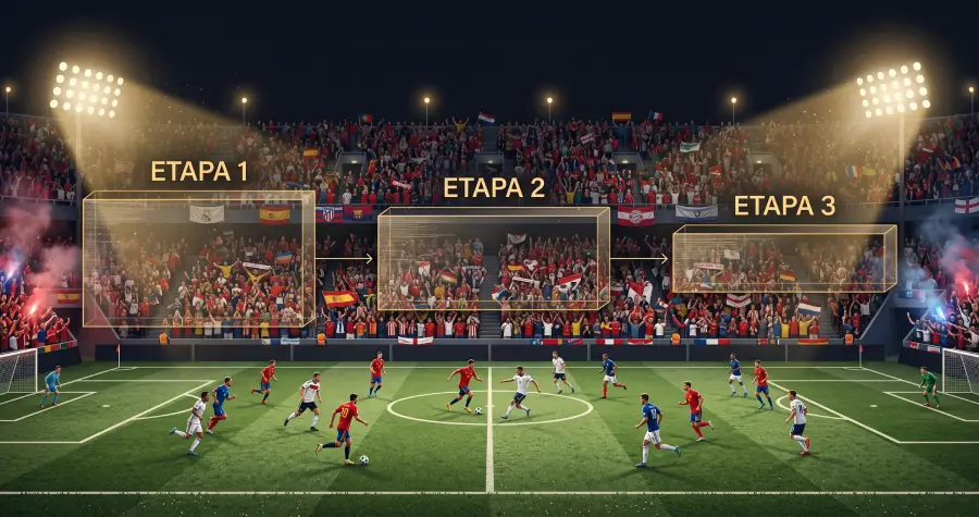 Ilustración editorial de un campo de fútbol iluminado de noche con un gráfico dorado que resume el camino al título de la Nations League 2026/27