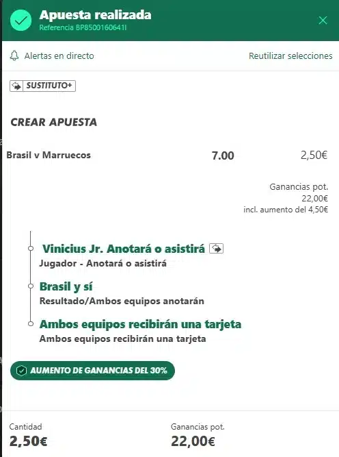 Comprobante apuesta triple Brasil vs Marruecos 7.00 Sorpresa del día Bet365 · 13 junio 2026
