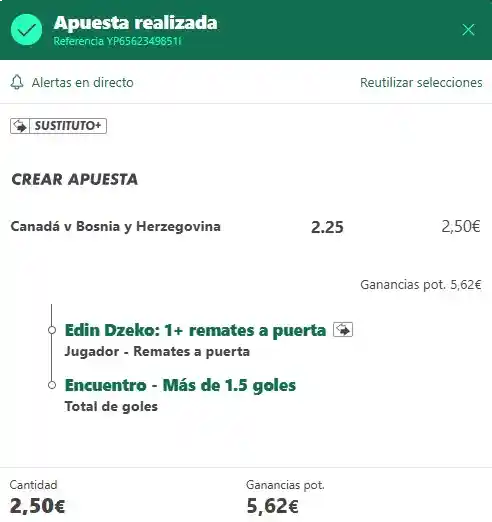 Comprobante apuesta Džeko remate + O1.5 2.25 Bet365 · 12 junio 2026