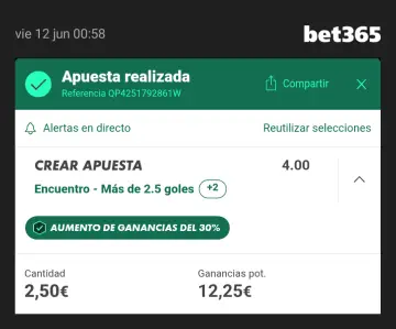 Comprobante apuesta triple combinada Corea del Sur vs República Checa 4.00 Bet365 · 12 junio 2026