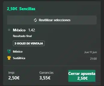 Comprobante apuesta México gana ambos anotan 4.00 Bet365 · 11 junio 2026
