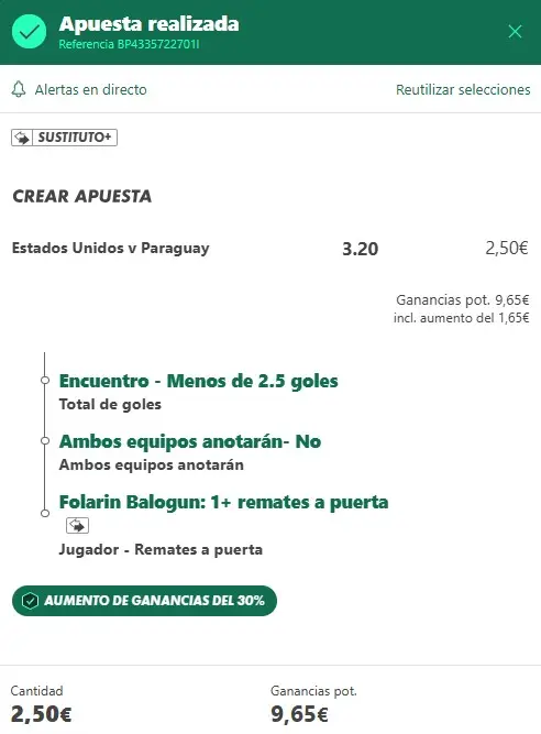 Comprobante apuesta U2.5 + BTTS No + Balogun remate 3.20 Bet365 · 12 junio 2026