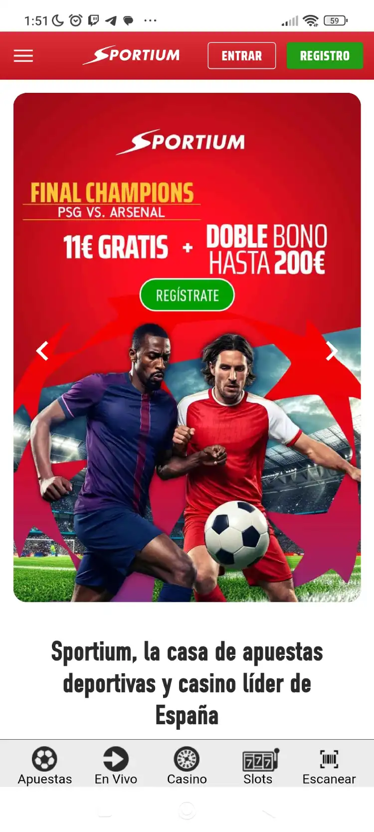 Pantalla principal de la app de Sportium para iOS y Android mostrando los deportes disponibles para apostar