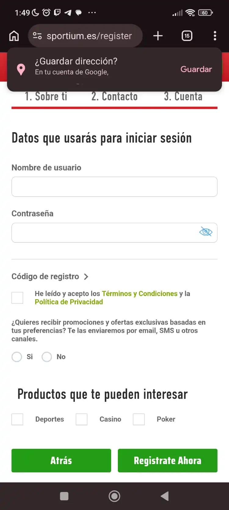 Pantalla de creación de usuario, contraseña y código de seguridad en el registro de Sportium