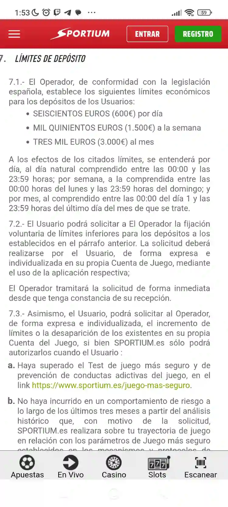 Pantalla de establecimiento del límite de depósito y aceptación de términos y condiciones en el registro de Sportium
