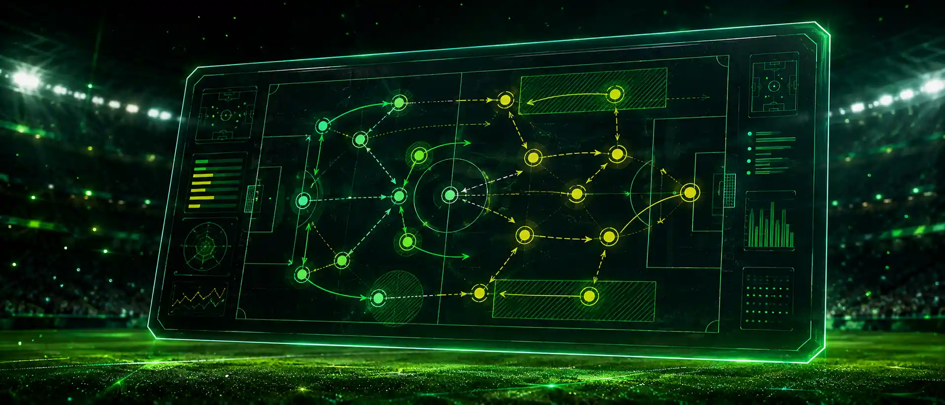 Pizarra táctica digital con movimientos y datos de un equipo de fútbol
